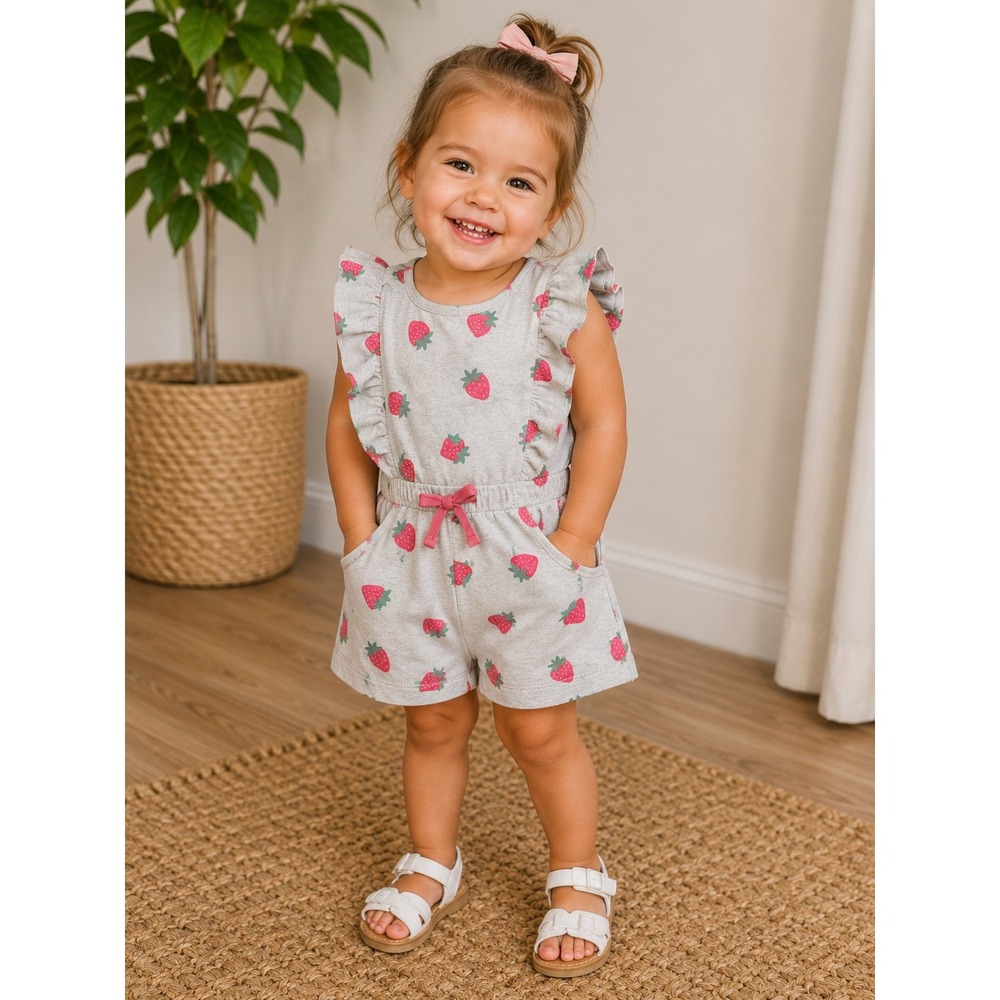 Wonder Nation Girl 2T Gray Red Pink Strawberry Pocketed Ruffle Sleeveless Romper